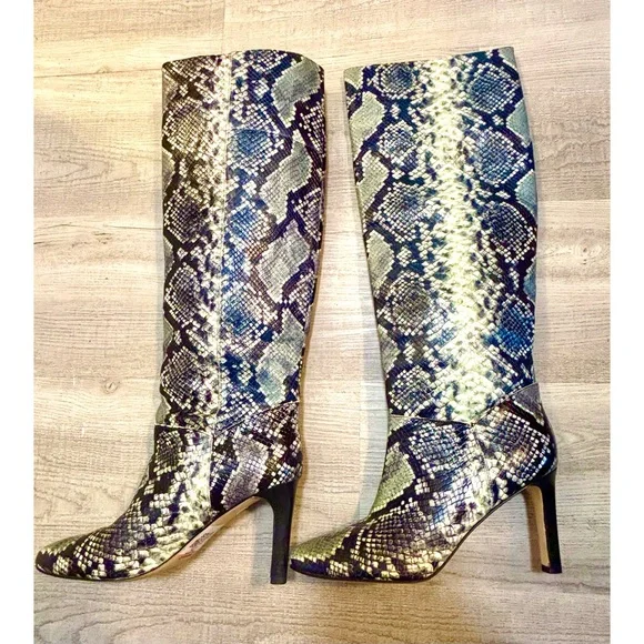 Marc Fisher LTD Black, White and Blue Snakeskin Embossed Leather Heel Boots- 7.5 - Picture 5 of 11